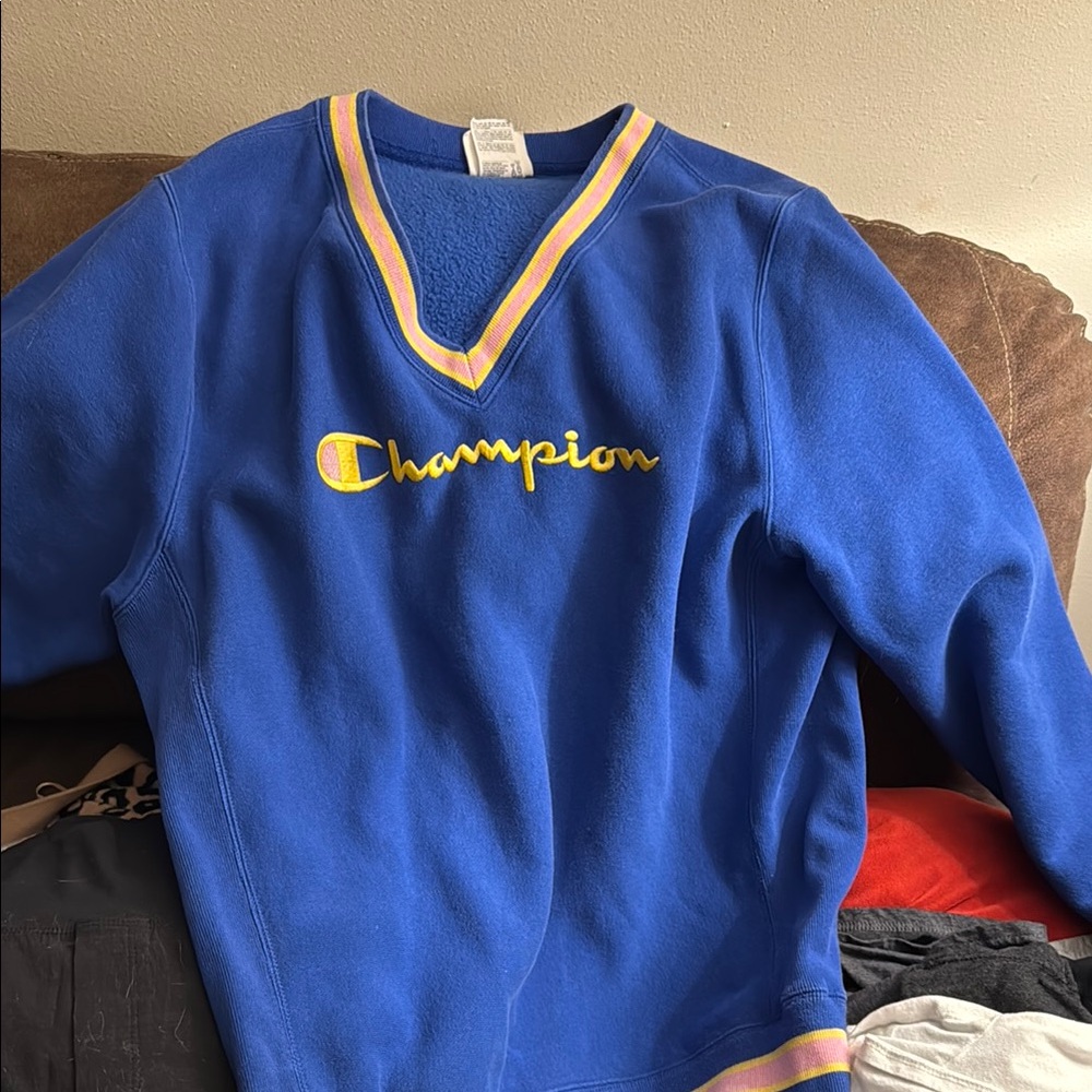 Vintage Champion Royal Blue Pullover with Yellow and Pink Trim